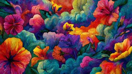 Vibrant flowers swirling through abstract colorful cloud