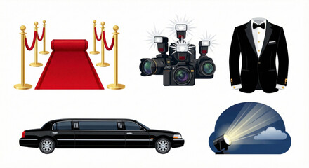 Elegant symbols of fame and luxury events red carpet, cameras, tuxedo, limousine, and dramatic spotlight