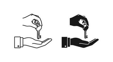 Hands offering or receiving a key depicted in contrasting styles line art and silhouette