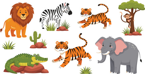 Cute African safari animals set including lion zebra tiger elephant crocodile monkey and savanna landscape elements isolated on white background flat vector. © MdShakil