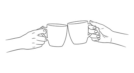Two hands holding coffee cups in a minimalist line art style silhouette