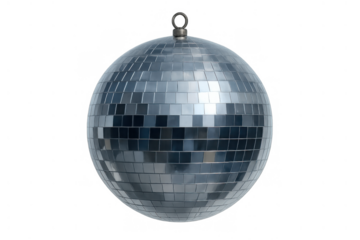 Silver disco ball reflecting light, symbolizing celebration, party, music, and retro fun, transparent background