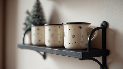 Cozy Christmas mugs with snowflakes displayed on a dark shelf