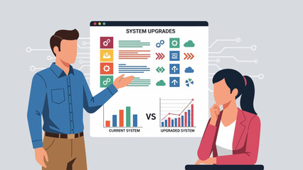 Businessman presenting system upgrades to colleague in modern office setting