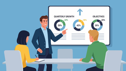 Fototapeta premium Businessman presenting quarterly growth objectives to colleagues in meeting