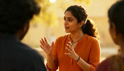 Young Indian woman talking and gesturing during a conversation in a rural village. Expressive female explaining a story to friends outdoors