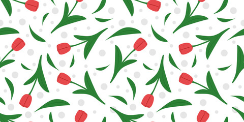Floral seamless pattern, Tulip endless texture. Spring garden floral plant, gorgeous bud, leaves, delicate gentle petals. Design for kids clothes, background, cover, fabric, textile, wallpaper. Vector