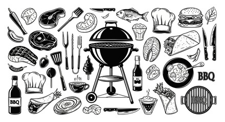 A variety of grilled foods and barbecue items including meats, vegetables, and beverages on a grill