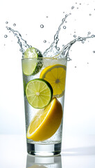 Fresh lemonade splash in a glass with lemon slices and water droplets on white background.