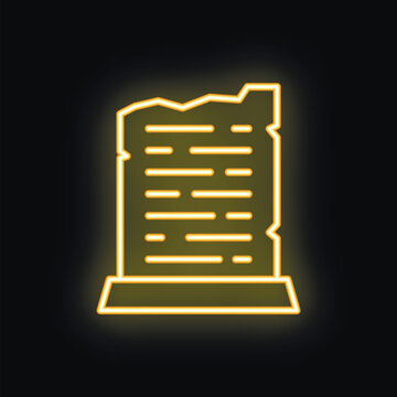 Glowing neon icon of a cracked ancient stone tablet on black background