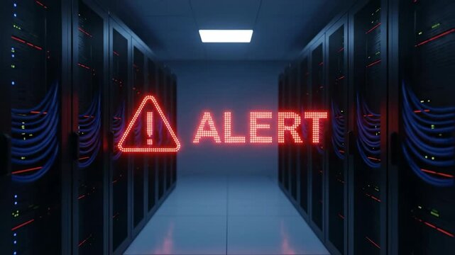 Red alert sign illuminated in a server room, showcasing a warning signal with glowing letters, emphasizing urgency in communication technology environments