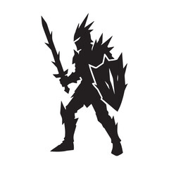 Fototapeta premium Powerful armored knight silhouette with sword and shield, representing strength, courage, and medieval fantasy adventure, a fierce guardian figure