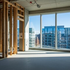 Unfinished interior room with exposed wooden framing and large window overlooking cityscape