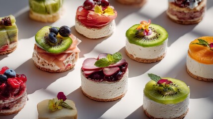 Artisanal miniature cakes with diverse fruit toppings arranged elegantly
