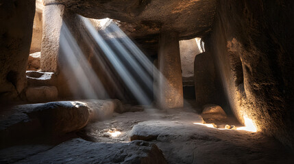 Beams of Sunlight Inside Ancient Stone Chamber