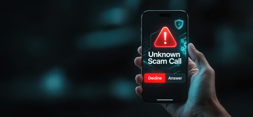 Unknown scam call warning on smartphone screen with decline button, Incoming unknown scam call with mobile cybersecurity and fraud warning
