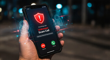 Incoming unknown scam call alert on smartphone with fraud warning