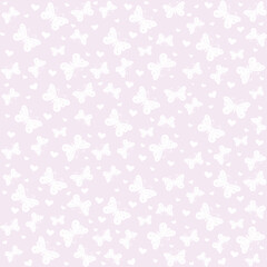 Seamless pattern with butterflies and heart. Pattern for wallpaper, wrapping, pattern fills, web page background, surface textures, textile industry. Flat pastel butterflies. Vector illustration