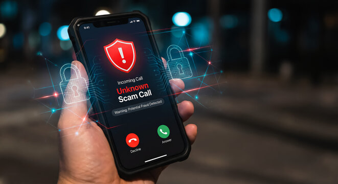 Incoming unknown scam call alert on smartphone with fraud warning