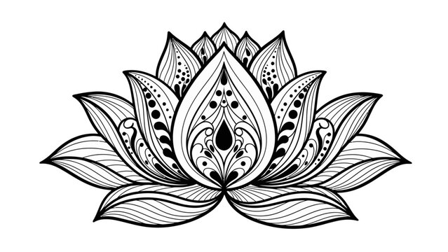Highly Detailed Black and White Lotus Flower with Intricate Mandala Patterns Illustration on Isolated White Background