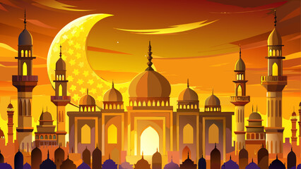 Golden islamic mosque skyline with a glowing crescent moon and stars in the vibrant evening sky © Akramul