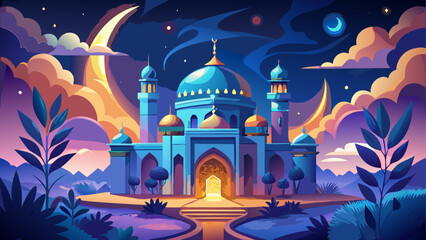 A vibrant and serene night scene with a grand mosque under crescent moons © Akramul