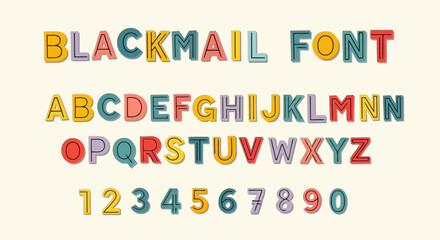 Blackmail font alphabet letters numbers colorful isolated on