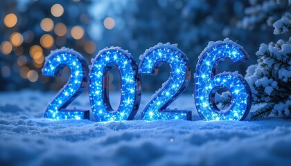 Blue glowing 2026 numbers embedded in fresh snow; festive bokeh lights and snow-covered evergreen branches in the background create a magical winter holiday celebration.