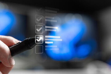 Person Reviewing Digital Checklist And Drawing Check Mark On Completed Task. Office To-Do List. Verification And Compliance Audit With Approval For Quality Process Workflow, Inspection Management