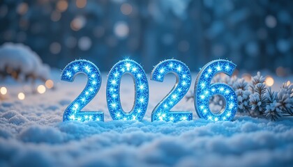 Sparkling 2026 numbers illuminated in snow, symbolizing new year celebrations and winter holidays amidst blue lights and a festive bokeh background.