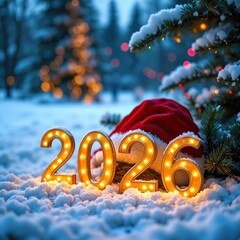 Illuminated 2026 numbers and Santa hat in fresh snow. Festive winter scene with blurred Christmas tree and bokeh lights, symbolizing New Year celebration.