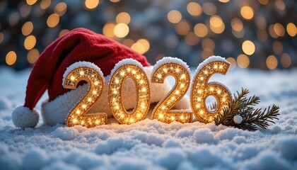 Illuminated 2026 numbers in fresh snow with Santa hat and bokeh lights. A festive winter scene for New Year and Christmas celebrations.
