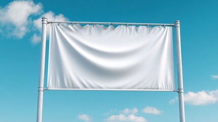 Blank white banner on poles against a bright blue sky with clouds