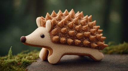 Adorable gingerbread hedgehog cookie decorated with frosting spikes in a forest setting