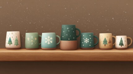 Cozy winter mugs with festive holiday designs displayed on a rustic wooden shelf