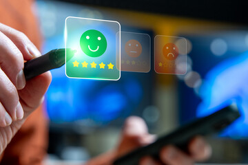 Customer Giving Five Star Rating Review In App, Feedback And Customer Satisfaction Boost Service Quality Experience, Reputation Growth And Trust For Support And Marketing