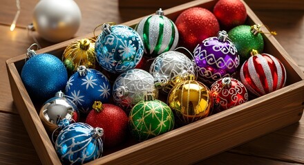 A diverse collection of vibrantly colored Christmas ornaments, beautifully arranged in a wooden crate for festive decoration and holiday cheer