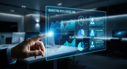 Hand Pointing at Marketing Intelligence CRM Dashboard with Data Charts