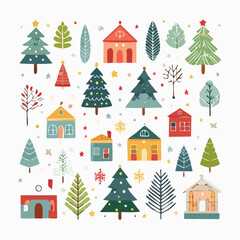 Christmas trees and houses. Vector illustration of festive trees, decorated houses, and snowflakes. Holiday season icons. Winter scenery elements. Colorful Christmas decorations. Seasonal