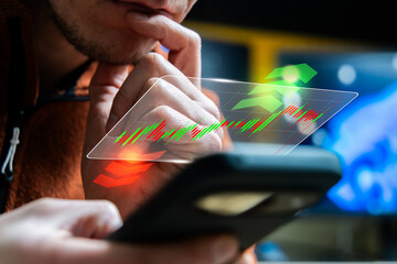Investor Watching Analysing Stock Market Trading Chart On Smartphone, Investment Chart Analytics For Profit Loss Forecast, Buy Sell Decissions, Tracking Volatility, Making Smarter Finance Decisions