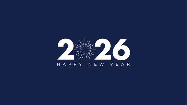 2026 Happy New Year with fireworks design vector illustration. Unique 2026 design template. In white text and blue background color minimal design