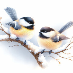 Fototapeta premium Bluebirds are sitting on a snowy branch. They have black caps, white cheeks, red breasts, and gray wings. Winter background