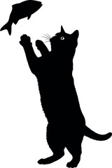Playful Cat Silhouette Jumping to Catch Fish Isolated Vector Illustration