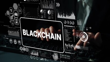 Digital representation of blockchain technology with data analysis and futuristic interface using holographic graphics. Asymptotic smart data analytic. - Powered by Adobe