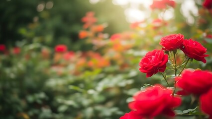 Vibrant red roses in a lush garden with bokeh effect
