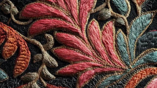 Closeup of sophisticated machine embroidery creating diverse lace patterns with detailed threadwork and texture
