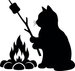 Silhouette of Cat Roasting Marshmallow Over Campfire Vector for Camping and Outdoor Designs