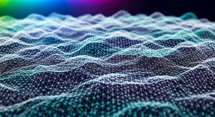 Detailed 3D mesh network with glowing nodes and a vibrant color gradient background