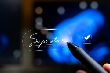 Stylus Capturing Esignature Signature, Contract Approval And Verification Confirmed, Secure Compliance Signing For Legal Agreements And Paperless Business Workflow
