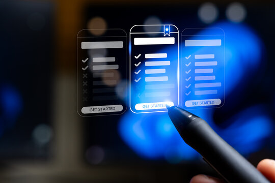 User Comparing Pricing Plans For Online Service, Choosing Subscription Tier By Features And Cost With Stylus, SaaS Signup Decision For Upgrade, Billing And Best Value. Get Started Subscription Plan